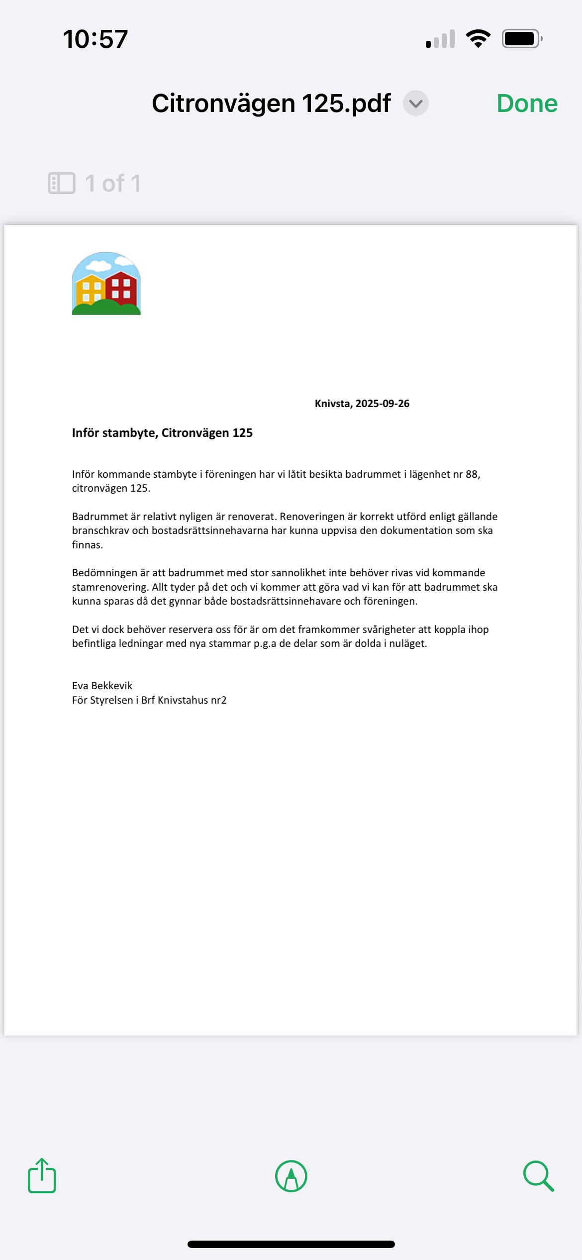 Brev från styrelsen ang badrum